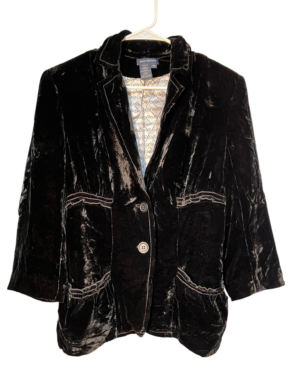 Vintage Max Edition Women's Size 10 Velvet Blazer Jacket Black 2 Button Ruffles